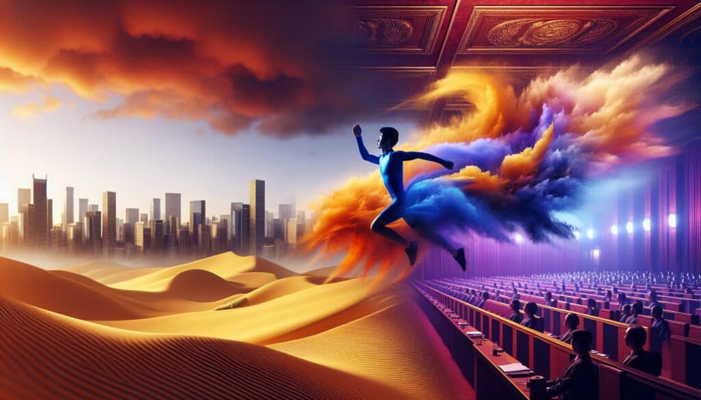 A futuristic cityscape blending into a grand auditorium, where a figure in a blue suit leaps forward, trailing vibrant orange and blue clouds—symbolizing exploration, innovation, and iteration.