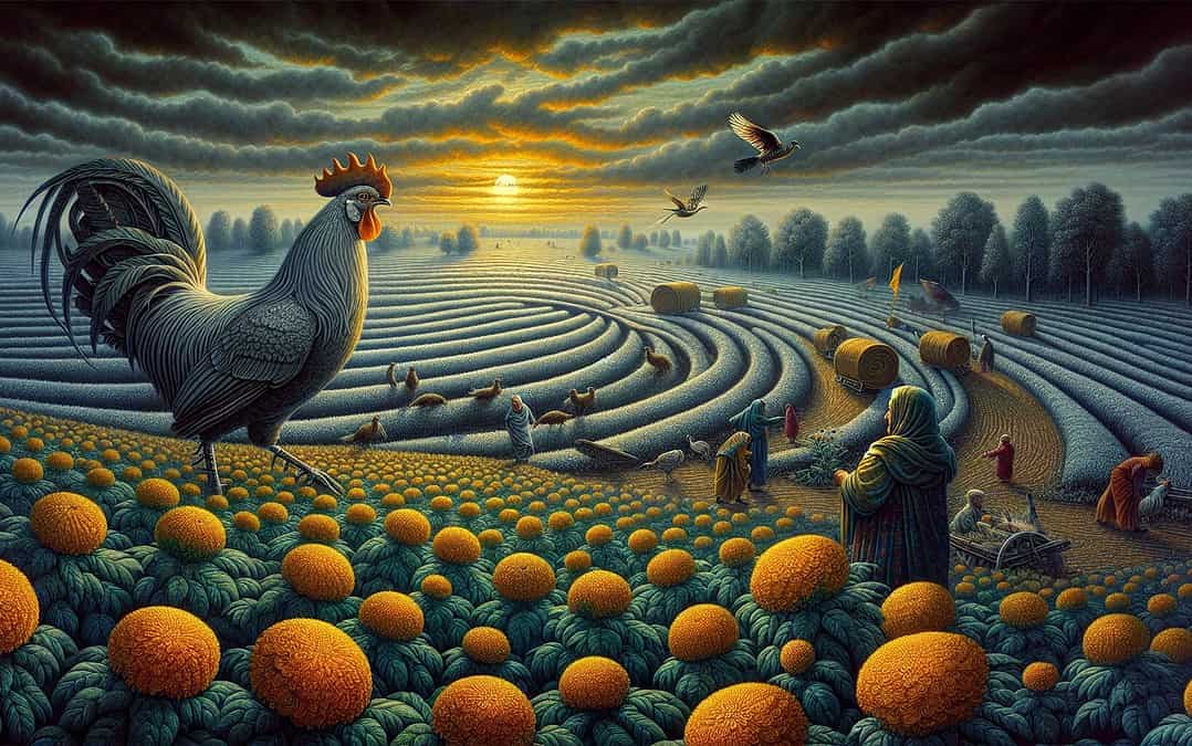 A surreal sunrise over an expansive spiral field, where villagers tend to crops and an oversized rooster watches over them. Golden flowers contrast against the deep blue landscape, symbolizing cycles of growth, discovery, and iteration.